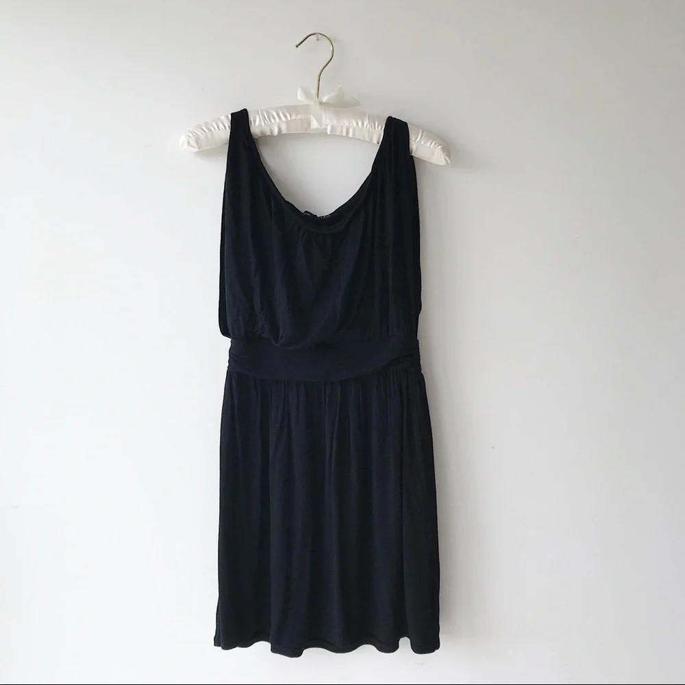 Black sleeveless tank dress scoopneck bloused bodice fitted wide waistband Sz S